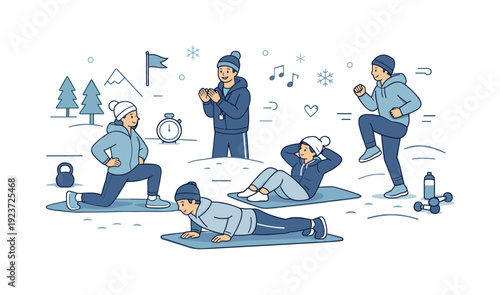Outdoor winter fitness bootcamp. People doing bodyweight exercises on mats while wearing warm athletic clothing. Discipline, resilience, and