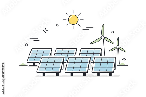Solar and wind power. Solar panels neatly aligned under a clear sky, steady and reliable renewable energy scene. Simple sun icon and clean lines emphasizing