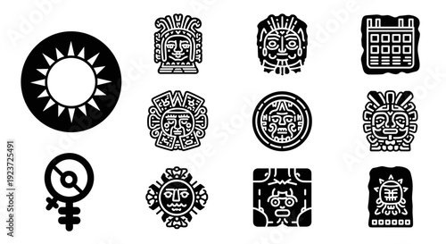 Ancient aztec icons set featuring deities, calendar symbols, and decorative patterns