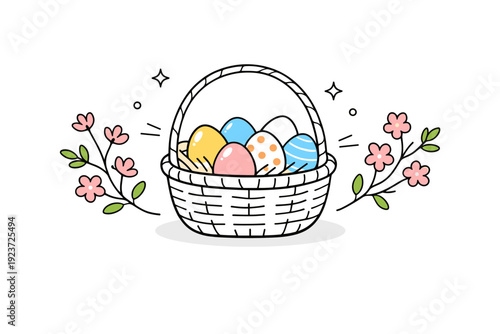 Easter Egg Basket. Seasonal holiday vectors ? Easter. Simple editorial scene with a basket of eggs and blooming branches drawn in clean lines. Peaceful spring