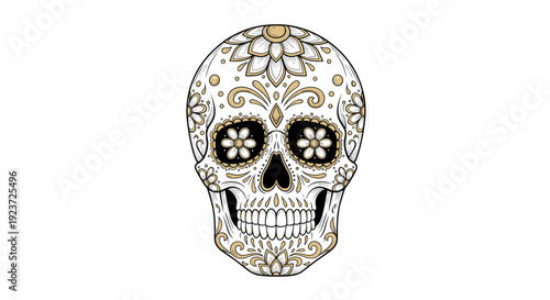 Intricate sugar skull design with floral patterns in black and gold on white background
