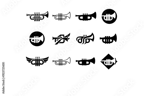 Music and instruments. Icon set. Set Logo of Music and instruments: trumpet or brass horn. harmonious logo variations of the same emblematic concept, each with