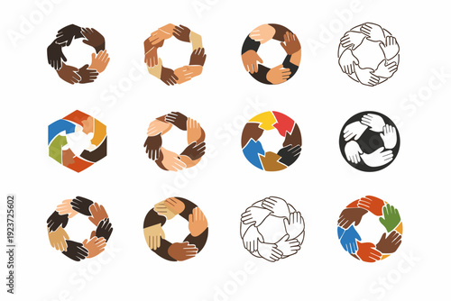 Diverse Unity Icons. social equality. Icon set. Set Logo of social equality: diverse hands joined in circle. harmonious logo variations of the same emblematic