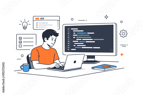 Coding at workstation. A developer sitting at a desk with a laptop and large screen displaying simplified code lines, expressing deep focus