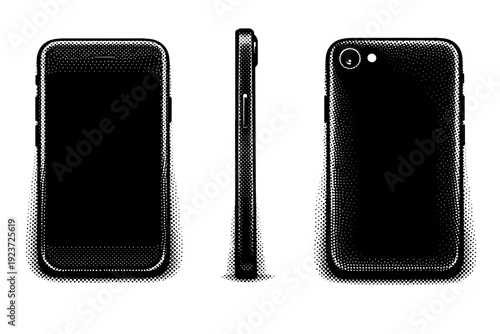 Smartphone silhouette, A compact smartphone body depicted as a single isolated object in three views emphasizing reduced height, balanced