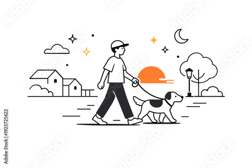 Evening Dog Walk. Walking dogs in summer evenings. A person calmly walking a dog along a quiet street as the sun sets, warm light and long shadows creating a