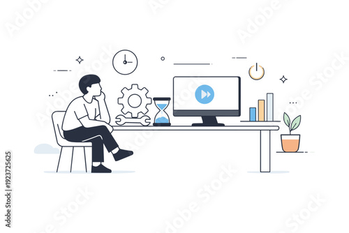 Strategic stagnation. A calm workspace with a character observing inactive tools and idle systems, surrounded by soft abstract boundaries.