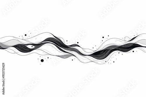Ink flow dispersion design. Fluid ink forms stretching horizontally as if carried by gentle motion, forming a smooth abstract surface. Quiet,