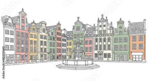Colorful european cityscape with historic buildings and fountain in linear style