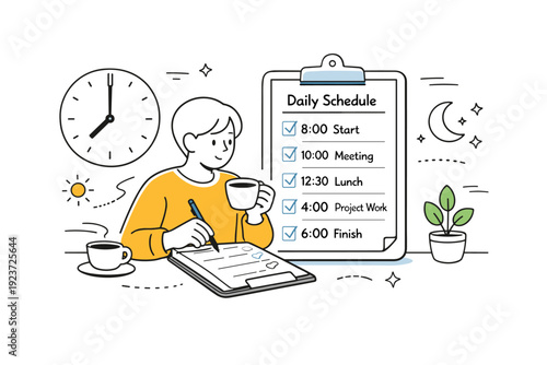 Workday organization. Person calmly reviewing a daily schedule with clear start and end points, avoiding rush and overload.