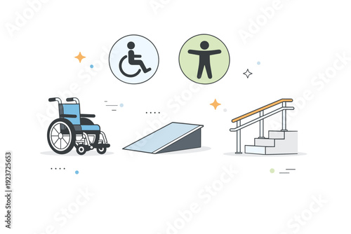 Universal design accessibility objects. A clean object set with wheelchair, ramp, handrail, and universal access symbols arranged clearly.
