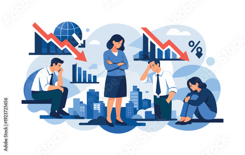 Global recession. World economy slowing down, downward charts hovering over cities, muted