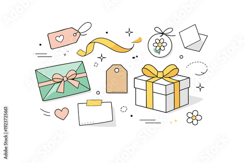 Gift presentation spring theme. Abstract wrapping elements like folded paper, tags, and ribbons floating gently in a clean layout. Friendly,