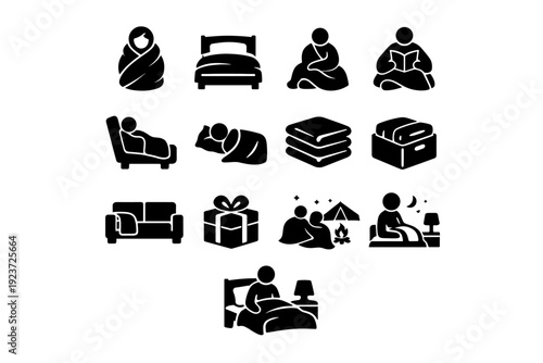 Blanket Usage. Solid icon set of Blanket Usage: wrapped in blanket, blanket on bed, lap throw, reading with blanket, travel blanket, nap