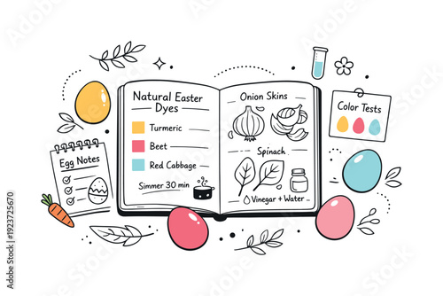 Nature-Inspired Easter Artistry. Natural Easter dye journal. A symbolic editorial composition showing notes, swatches, and botanical sketches next to colored