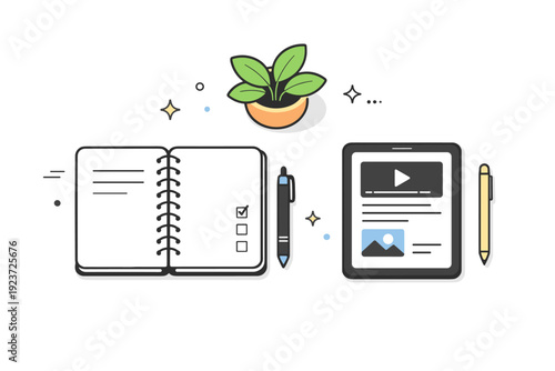 Minimal work desk setup. Notebook, tablet, and plant placed neatly in a clean flat lay. Quiet productive atmosphere focused on organization, intention, and