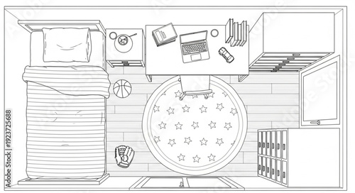 Detailed top-down view of a kitchen with dining table and appliances.