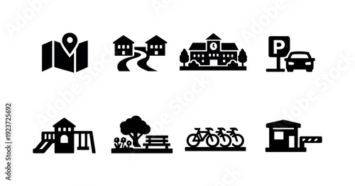 School campus symbols. Filled icon set of School campus symbols: campus map, pathway