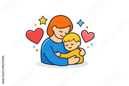 Parenting concept simple family scene with parent and child framed by hearts and stars, reflecting love, safety and emotional support. A warm editorial