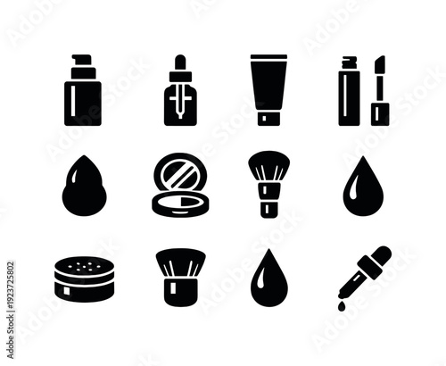 Facial base makeup products. Filled icon set of Facial base makeup products: foundation