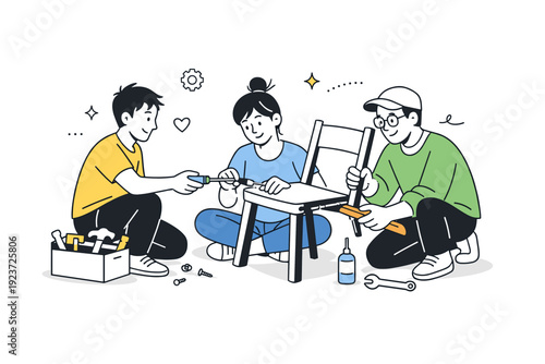 Repair instead of replace scenes. Small group fixing a broken chair together, exchanging tools and smiles. Friendly collaboration centered on reuse and care.