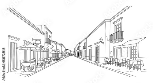 Hand drawn quiet village street with cafes and architecture