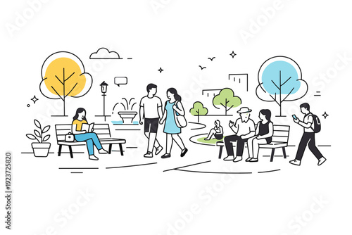 Public space revitalization. People walking and resting in a renewed city square with benches, trees, and open paths. Calm urban life, community presence,