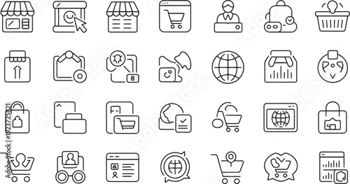 Collection of flat design shopping business and technology icons isolated on transparent background