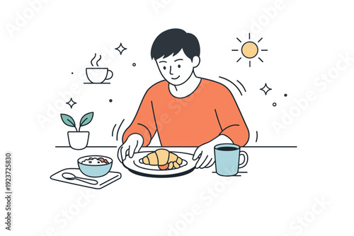 Daily home ritual of slow breakfast. Person arranging a simple plate and cup on a table, relaxed posture and unhurried mood, sense of comfort and intention.