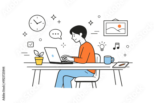 Home office. Clean modern scene with a person working calmly at a desk, surrounded by minimal objects and abstract shapes. Focused yet relaxed mood with visual