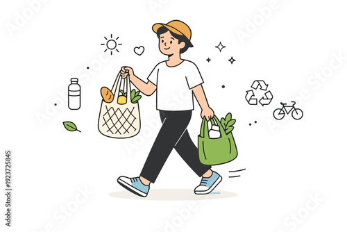 Simple eco-friendly habits. A calm editorial scene of a person carrying reusable shopping bags with groceries, relaxed walk and mindful everyday sustainability