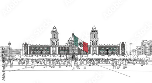 Detailed linear drawing of mexico city's metropolitan cathedral with mexican flag
