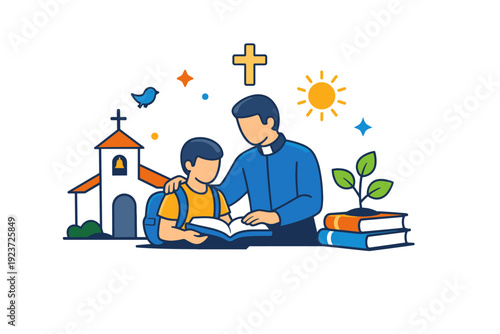 Catholic education emphasizing mentorship and values based teaching through a gentle scene that suggests support, tradition, and meaningful growth over time.