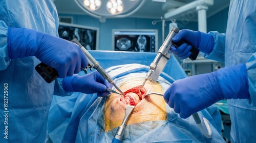 Surgical team performing intricate orthopedic surgery with specialized medical tools in a modern operating room.