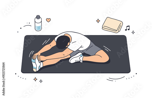 Post-workout stretching visual. Top-view layout of athlete stretching legs on mat with water bottle and towel nearby. Friendly, calm, and