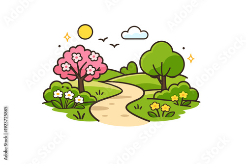 Spring Park Stroll. Casual walk in spring park simple path surrounded by fresh greenery and blossoms, reflecting slow living, clarity and seasonal joy.