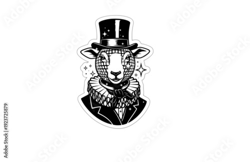 Funny Victorian sheep with Disco Ball Sticker Silhouette. Quirky Surreal Silliness and Humorous Character Design for Gen Z Aesthetic Vector.