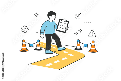 Controlled exposure to risk. A calm character stepping partway onto a highlighted path with safety markers, while holding a checklist. Careful progress and