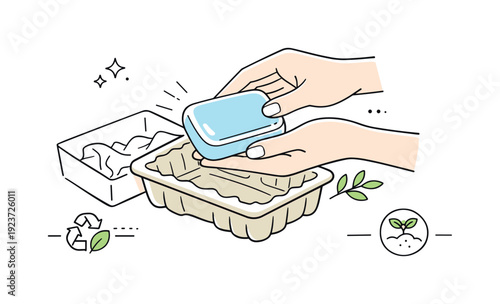 Eco-friendly unboxing moment. A close-up editorial view of hands lifting a product from compostable packaging, showing texture, care, and