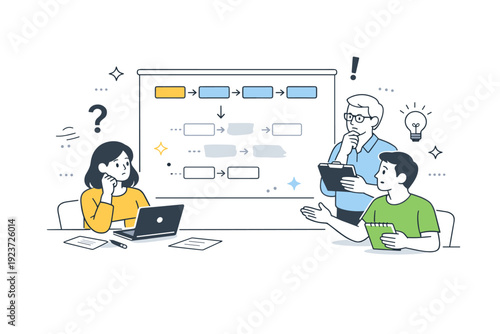 Loss of expertise. Small team reviewing a process where steps are missing or blurred, indicating knowledge gaps over time. Calm but concerned collaboration.