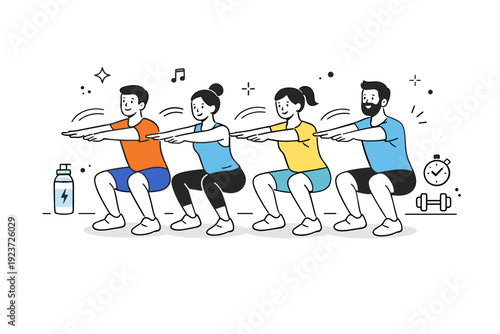 Fitness training with people. A group performs bodyweight exercises in sync, simple movement lines showing rhythm. Shared effort and motivation without
