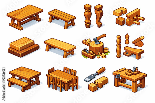 Handcrafted wood furniture. Colorful isometric vector icons set of Handcrafted wood furniture: artisan dining table, handmade wooden bench, carved table legs,