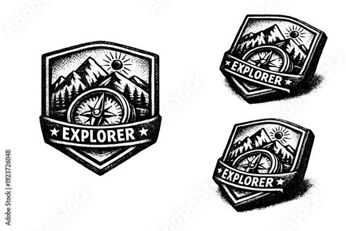 Explorer travel badge symbol shown as a single emblem object displayed in frontal view, diagonal orientation, and three-quarter