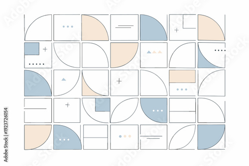 Modern geometric tile pattern. Structured layout of repeating blocks and arcs, forming a clean and organized surface design. Stability, order, and refined