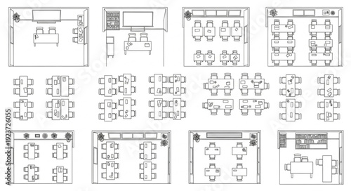 Detailed architectural floor plans showcasing various room layouts and furniture arrangements.