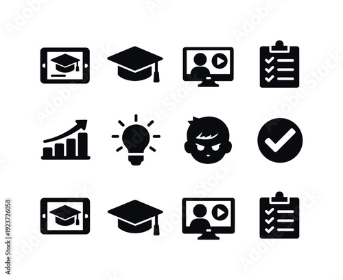 Educational screen use. Filled icon set of Educational screen use: learning tablet,