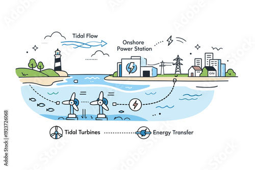Clean energy from tides. A simplified coastal map with icons showing tidal movement, turbines, and energy transfer. The scene feels clear,