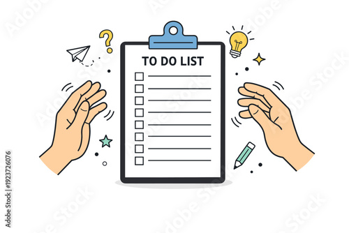 Decision fatigue moments. Close-up of hands hovering indecisively over a to-do list with many unchecked items. Visual hesitation and mental clutter. Minimalist