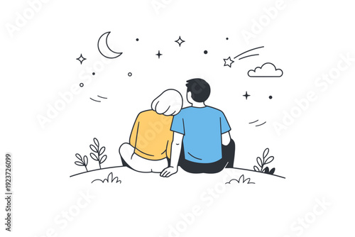 Slow happiness concepts. Couple sitting together outdoors, sharing silence and watching the sky. Emotional closeness without words or urgency. Minimalist flat