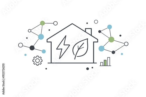 Abstract smart energy awareness background. Stylized home outline, lightning bolt, leaf, and connected nodes floating in a clean decorative composition. Modern